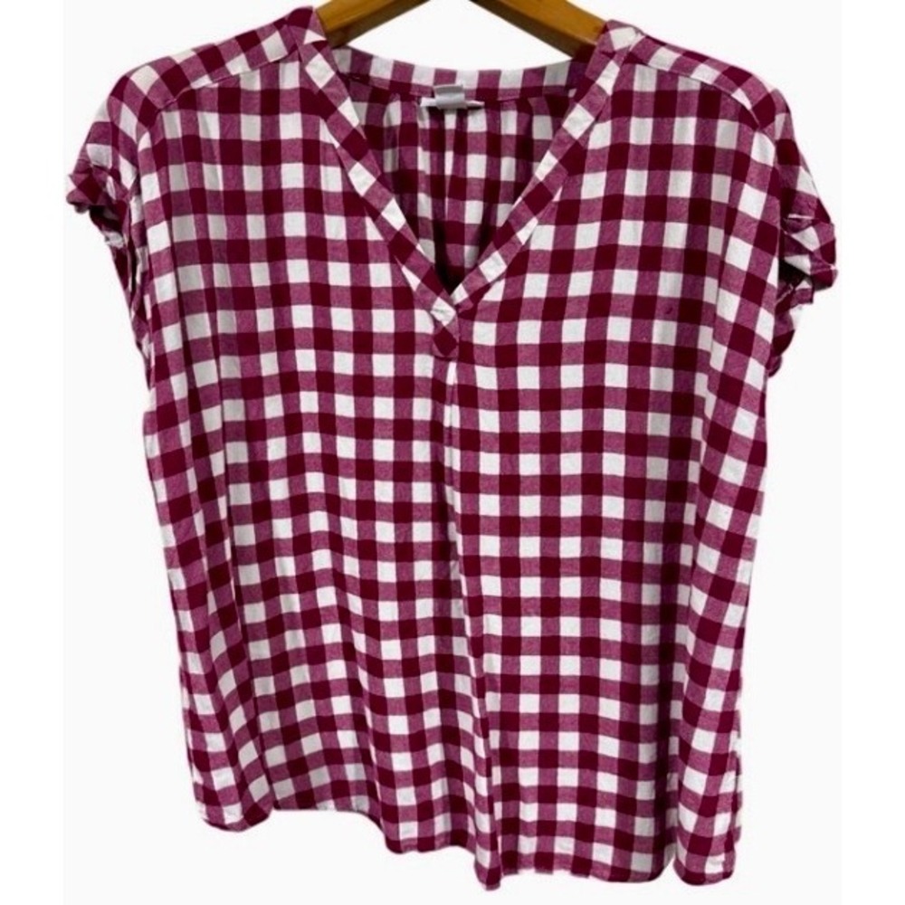 Liz Claiborne Blouse Womens ExLarge Burgundy Gingham Rayon V Neck Preppy - Picture 2 of 12